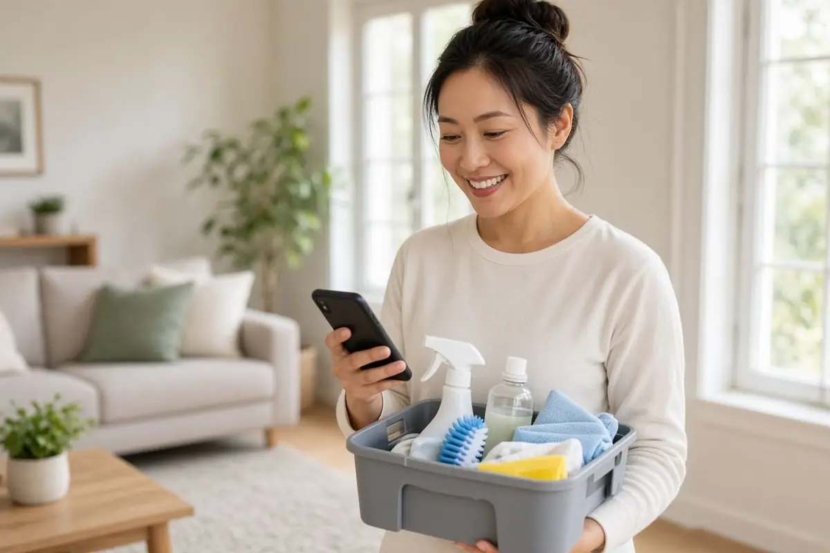 AI-illustrated fictional cleaning business owner smiling at her phone