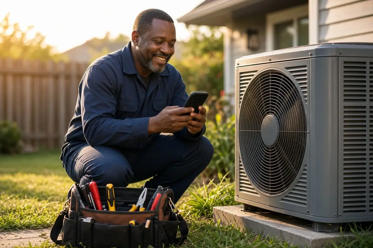AI-illustrated fictional HVAC technician reading a text beside an AC condenser