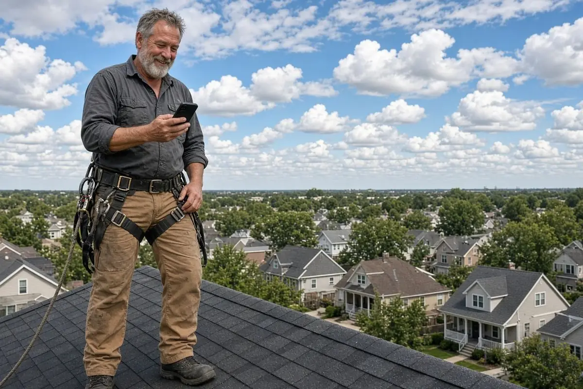 AI-illustrated fictional roofer in a harness checking his phone on a roof