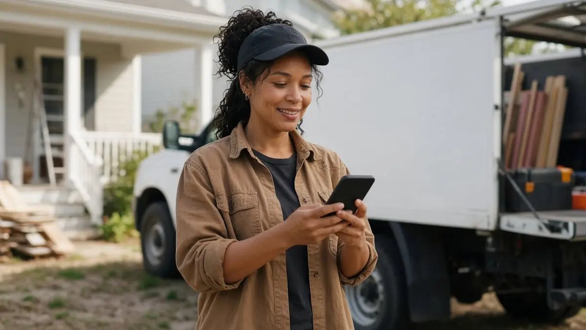 AI-illustrated fictional trades owner smiling at a phone beside a work truck